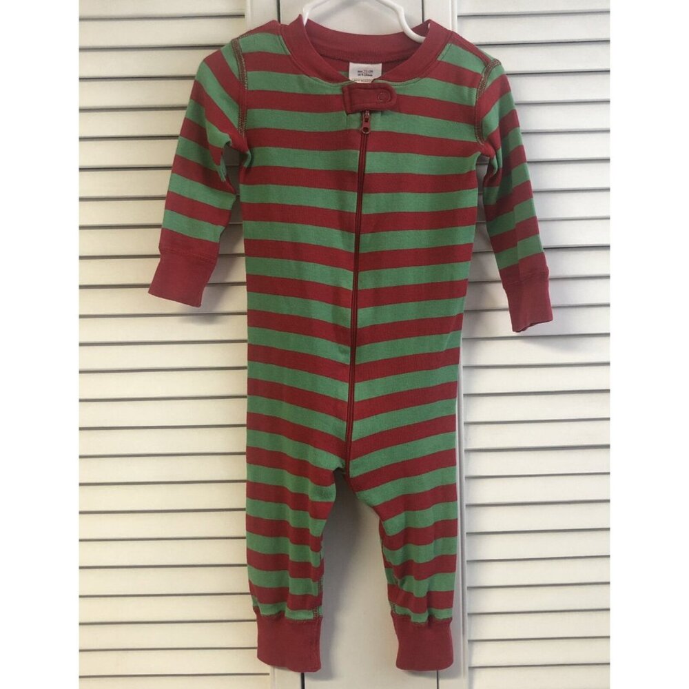 Hanna Andersson Size 70 9-18M Green & Red Striped Holiday Zip Up Pajamas